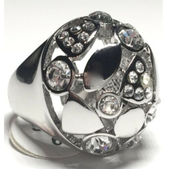Silver Art Deco Dome Cocktail Ring Size 6 7 8 Rhodium Plated Statement Crystal - Picture 4 of 8